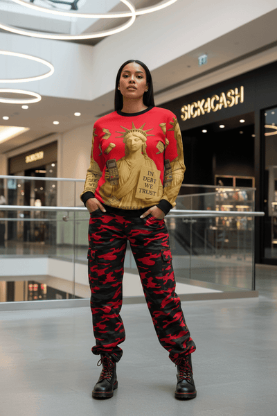 Sweater with Statue of Liberty design and money-themed graphics on a red background