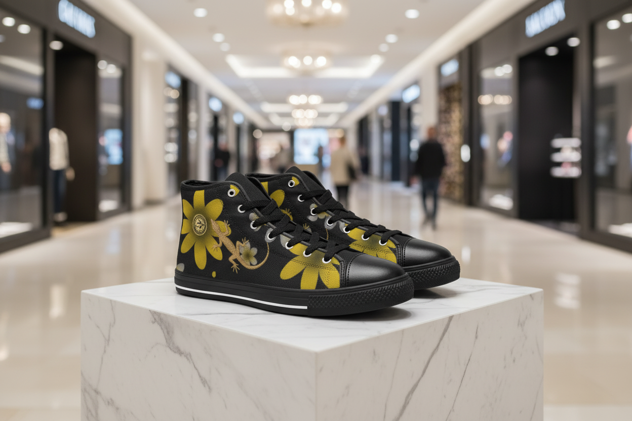 Black high-top sneakers with yellow floral designs on a marble pedestal in a shopping mall.