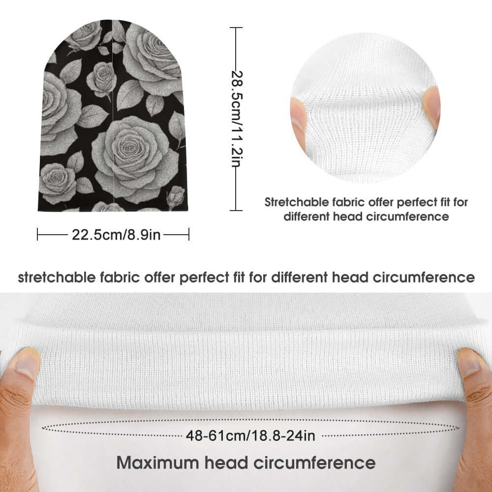 SICK4CASH Rose Full-Print Knitted Beanie size guide showing stretchable fabric for different head circumferences.