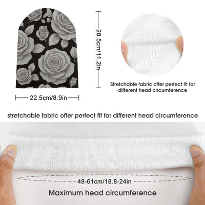 SICK4CASH Rose Full-Print Knitted Beanie size guide showing stretchable fabric for different head circumferences.