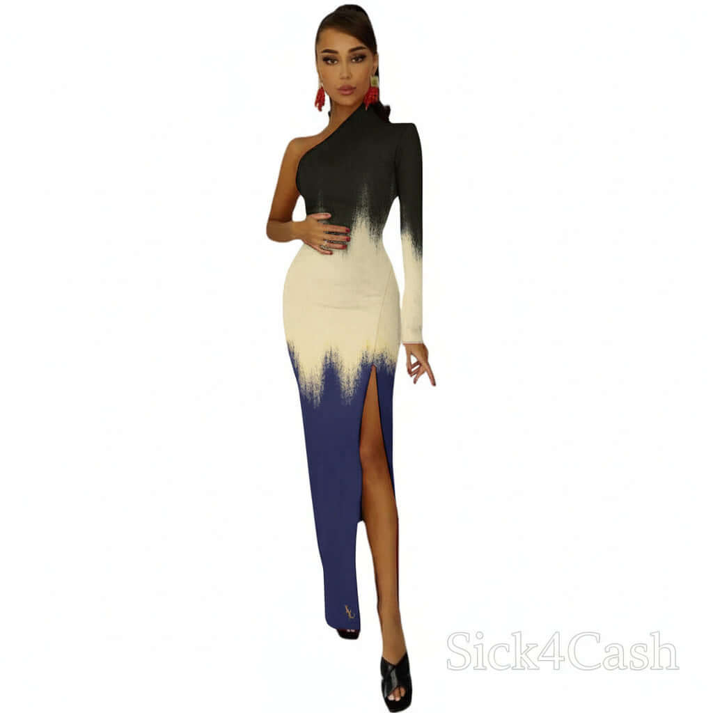 S4c Half Sleeve Slit Dress featuring a stylish one-shoulder design and elegant color fade effect.