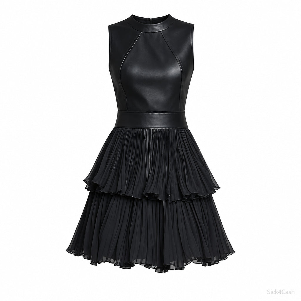 Sleeveless Faux Leather Look Pleated Mini Dress in black featuring layered pleats and seam details for a stylish look.