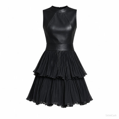 Sleeveless Faux Leather Look Pleated Mini Dress in black featuring layered pleats and seam details for a stylish look.
