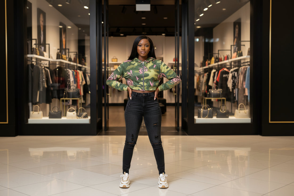 Green camouflage hoodie with pink roses on a white background