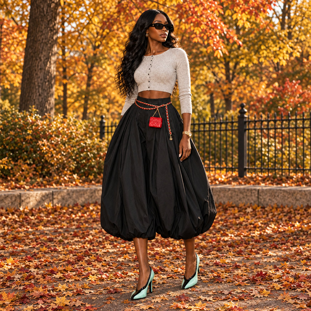 A person wearing a voluminous black high-waisted harem-style skirt with a gold chain belt and a small red crossbody bag, paired with mint green and black heels, standing on black diamond-plate steps in front of a cream paneled door.