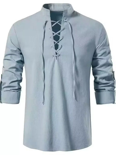 Light blue long-sleeve shirt with lace-up front design on a white background