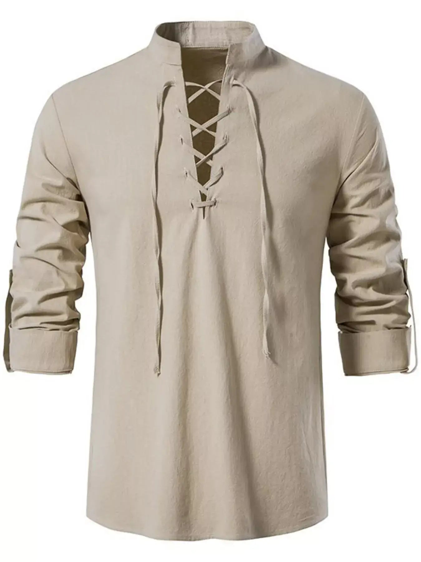 Beige long-sleeve shirt with lace-up front on a white background