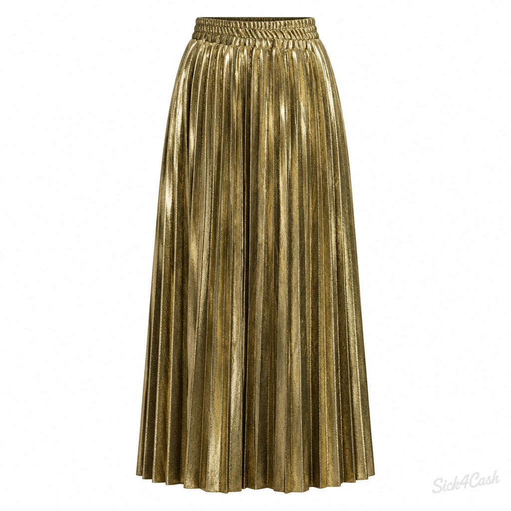 High-Waisted Metallic Pleated Maxi Skirt showcasing its shiny, pleated texture and comfortable pull-on waistband.