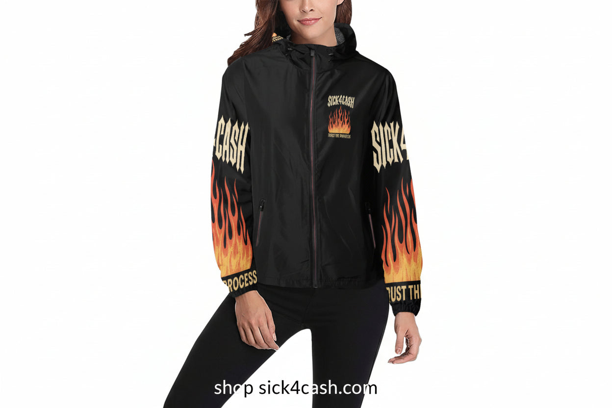 Black jacket with flames and text on a white background