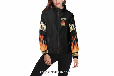 Black jacket with flames and text on a white background