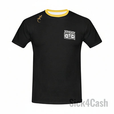 Black t-shirt with 'Sick4Cash' logo on a white background
