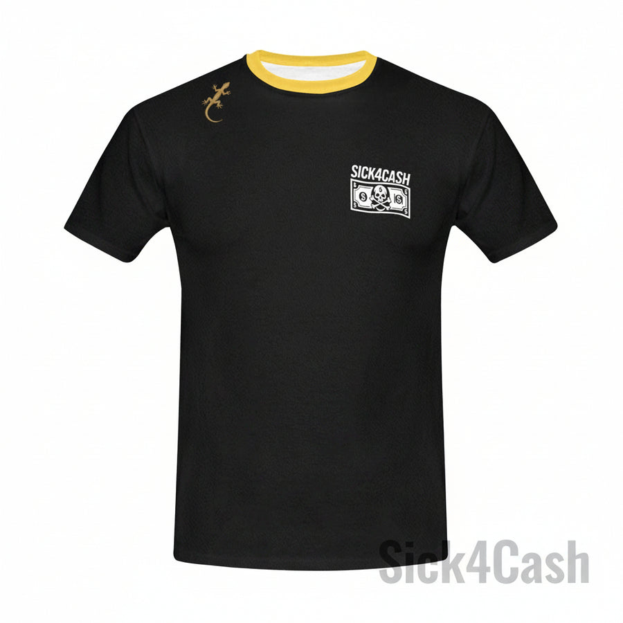 Black t-shirt with 'Sick4Cash' logo on a white background