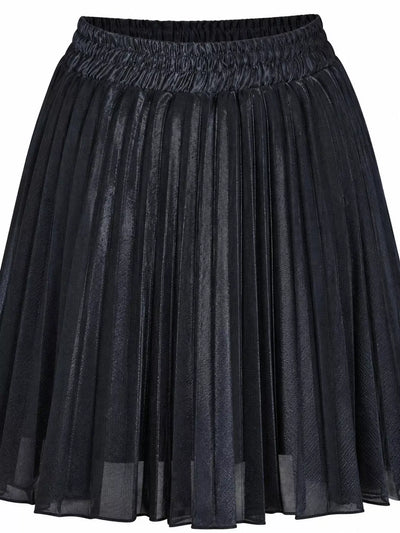 High-Waisted Metallic Pleated Maxi Skirt with a shiny pleated finish and relaxed waistband, perfect for night outings.