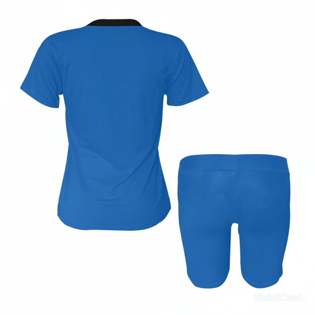 Women's Short Yoga Set - Sports Bra & Shorts Activewear in blue color, showing back of top and front of shorts.