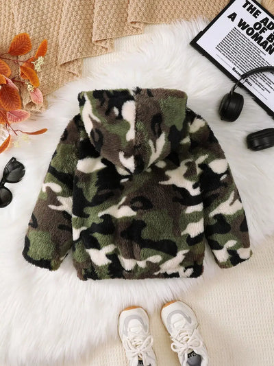 Children's Camouflage Plush Hooded Jacket featuring a cozy design and soft fabric, perfect for kids.