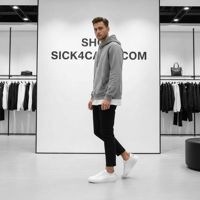 White sneaker on a dark surface with a light gray background