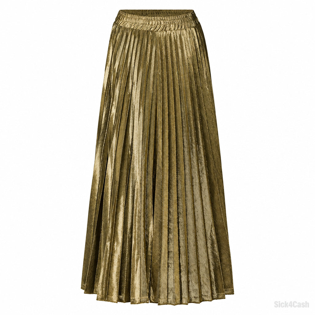 High-Waisted Metallic Pleated Maxi Skirt in Elegant Gold with a relaxed fit and stylish pleated design.