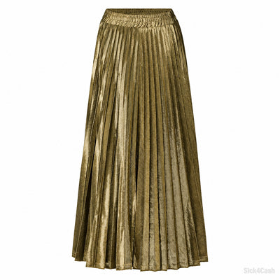 High-Waisted Metallic Pleated Maxi Skirt in Elegant Gold with a relaxed fit and stylish pleated design.