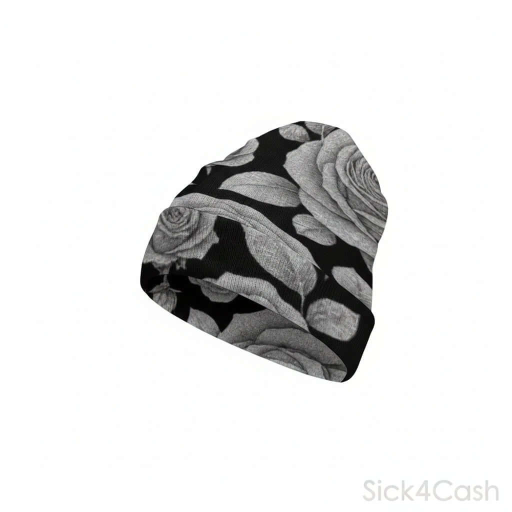 SICK4CASH Rose Full-Print Knitted Beanie featuring a stylish rose design in black and white.