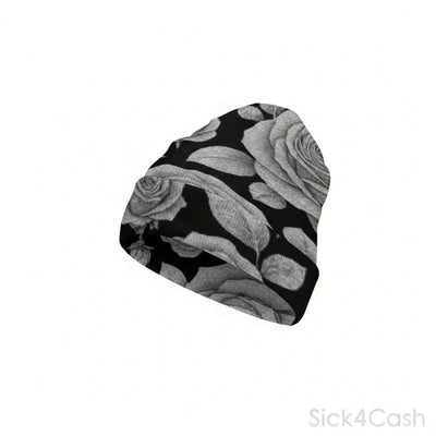 SICK4CASH Rose Full-Print Knitted Beanie featuring a stylish rose design in black and white.