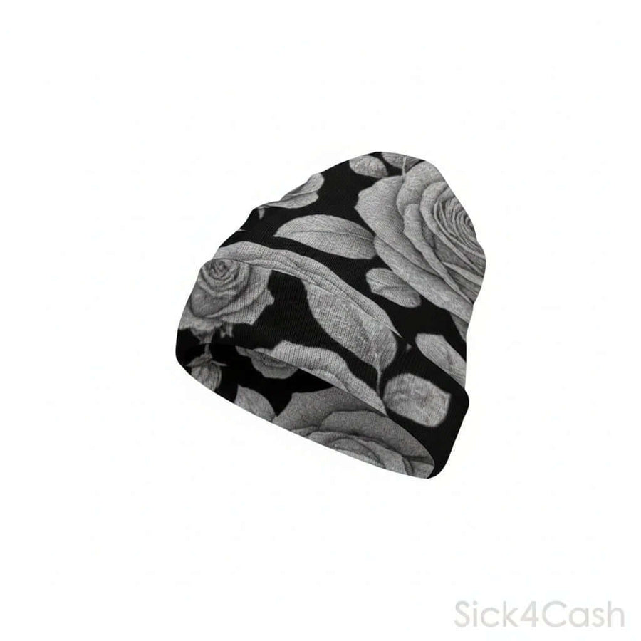 SICK4CASH Rose Full-Print Knitted Beanie featuring a stylish rose design in black and white.