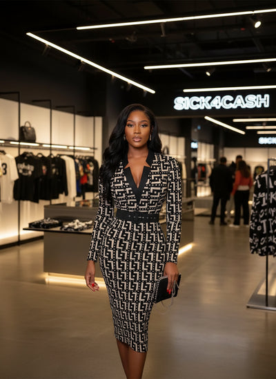 Woman wearing a black and white patterned dress with a belt, standing indoors.