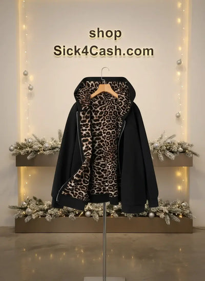 Black jacket with leopard print hood on a hanger against a white background