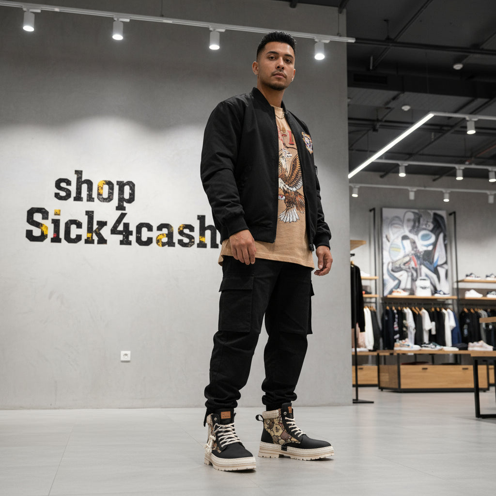 Pair of black and white boots with decorative elements on a brown background