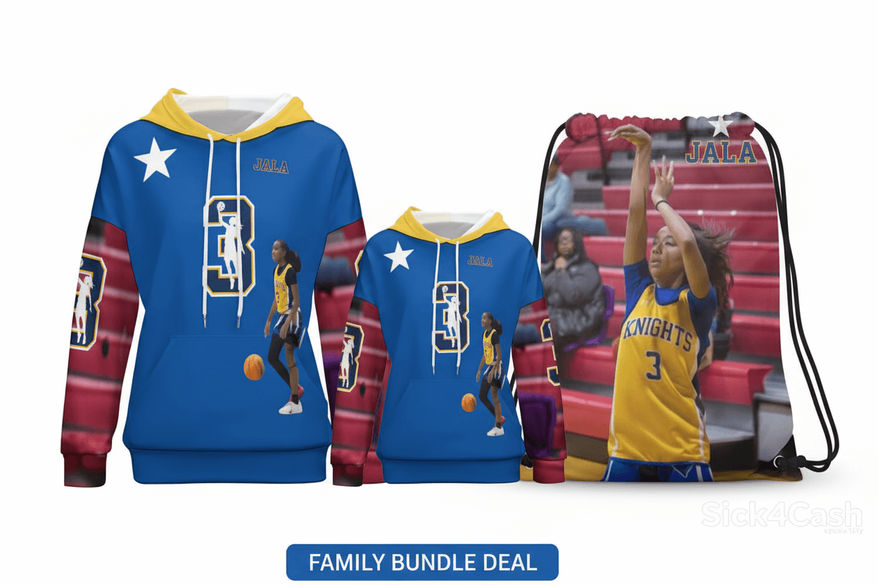Jala McKnight Family Bundle – Adult Hoodie + Youth Hoodie + Bag | SICK4CASH® showcasing coordinating basketball-themed gear.