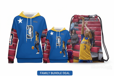 Jala McKnight Family Bundle – Adult Hoodie + Youth Hoodie + Bag | SICK4CASH® showcasing coordinating basketball-themed gear.
