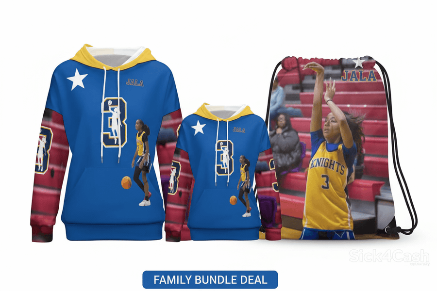 Jala McKnight Family Bundle – Adult Hoodie + Youth Hoodie + Bag | SICK4CASH® showcasing coordinating basketball-themed gear.