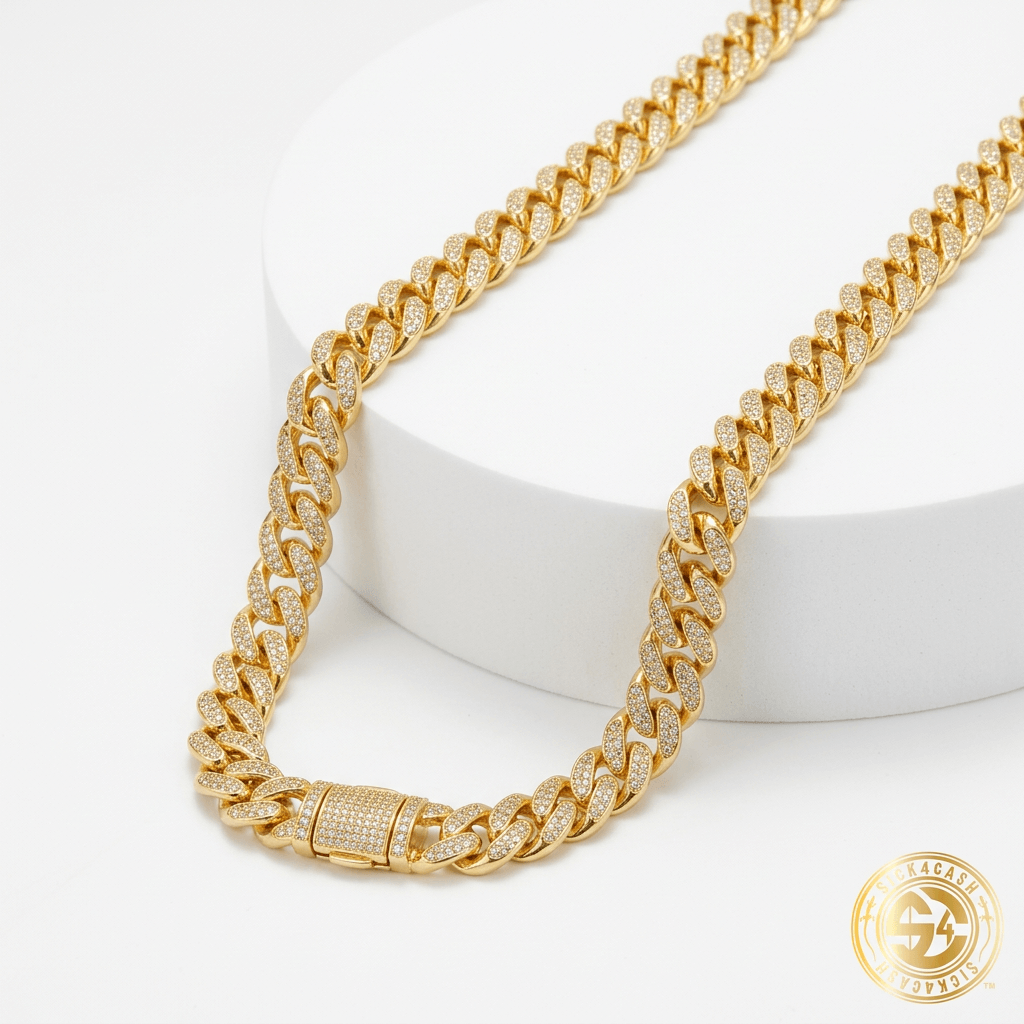 Necklace draped over white pedestal
