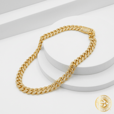 Necklace flat lay on white pedestal