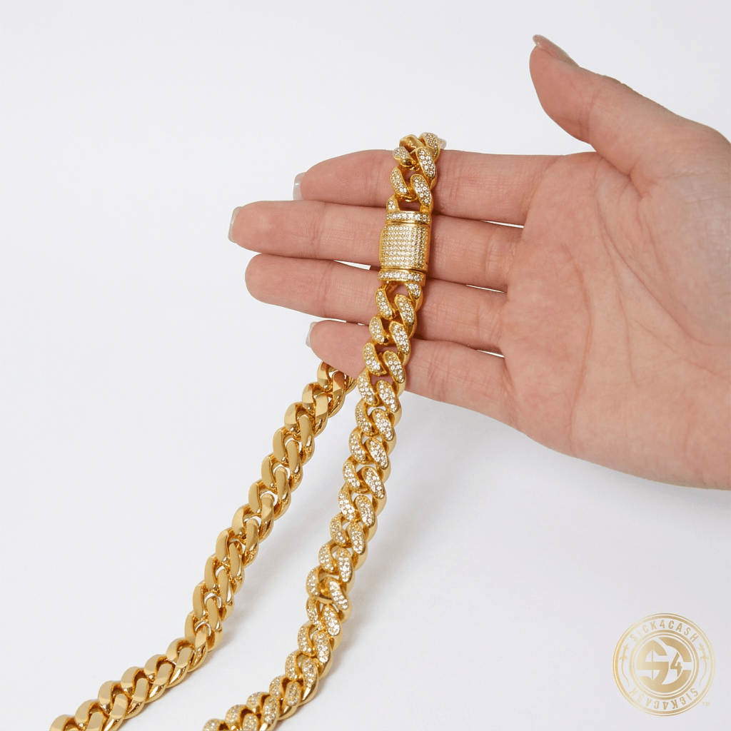 Necklace held across open hand