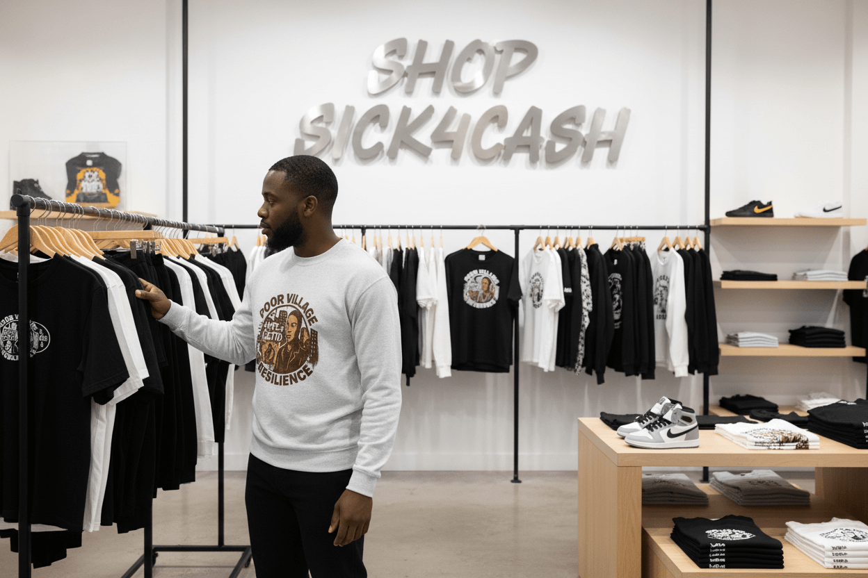 Man shopping in a store with 'Shop Sick4Cash' sign and clothing racks.