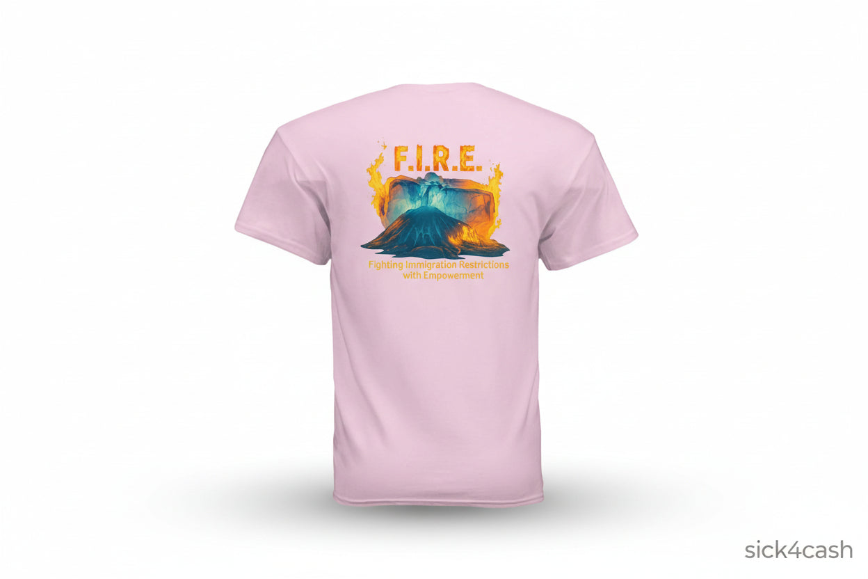 Pink t-shirt with a graphic design and text on the back, displayed against a white background.