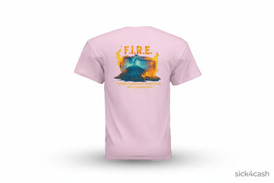 Pink t-shirt with a graphic design and text on the back, displayed against a white background.