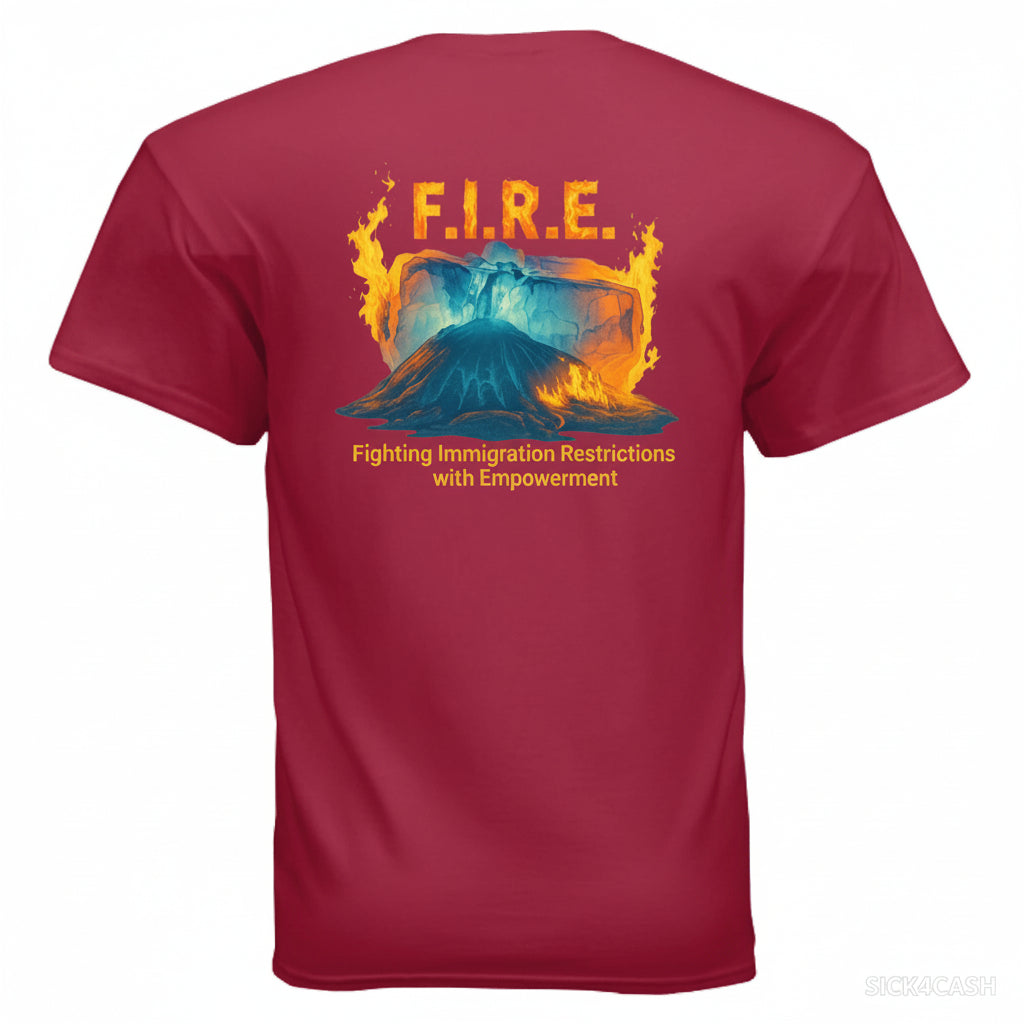 Red t-shirt with 'F.I.R.E.' graphic and text on a white background