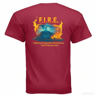 Red t-shirt with 'F.I.R.E.' graphic and text on a white background