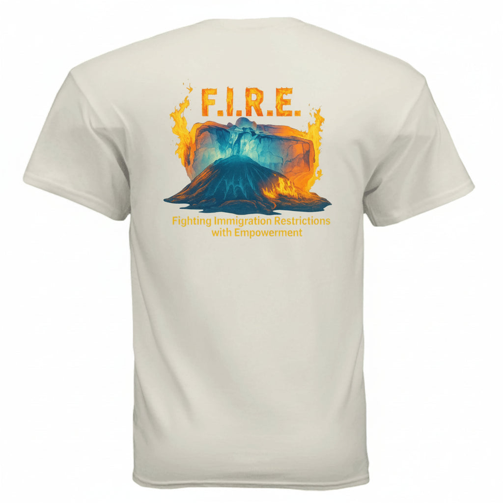 White t-shirt with a graphic design and text on the back, displayed on a white background.