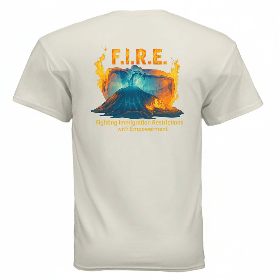 White t-shirt with a colorful graphic on a white background.