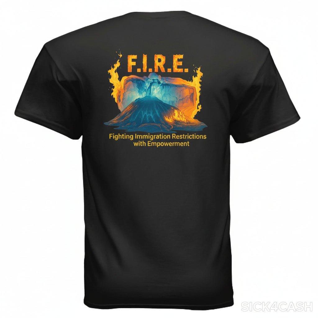 Black t-shirt with 'F.I.R.E.' graphic and text on the back, featuring a mountain and flames.