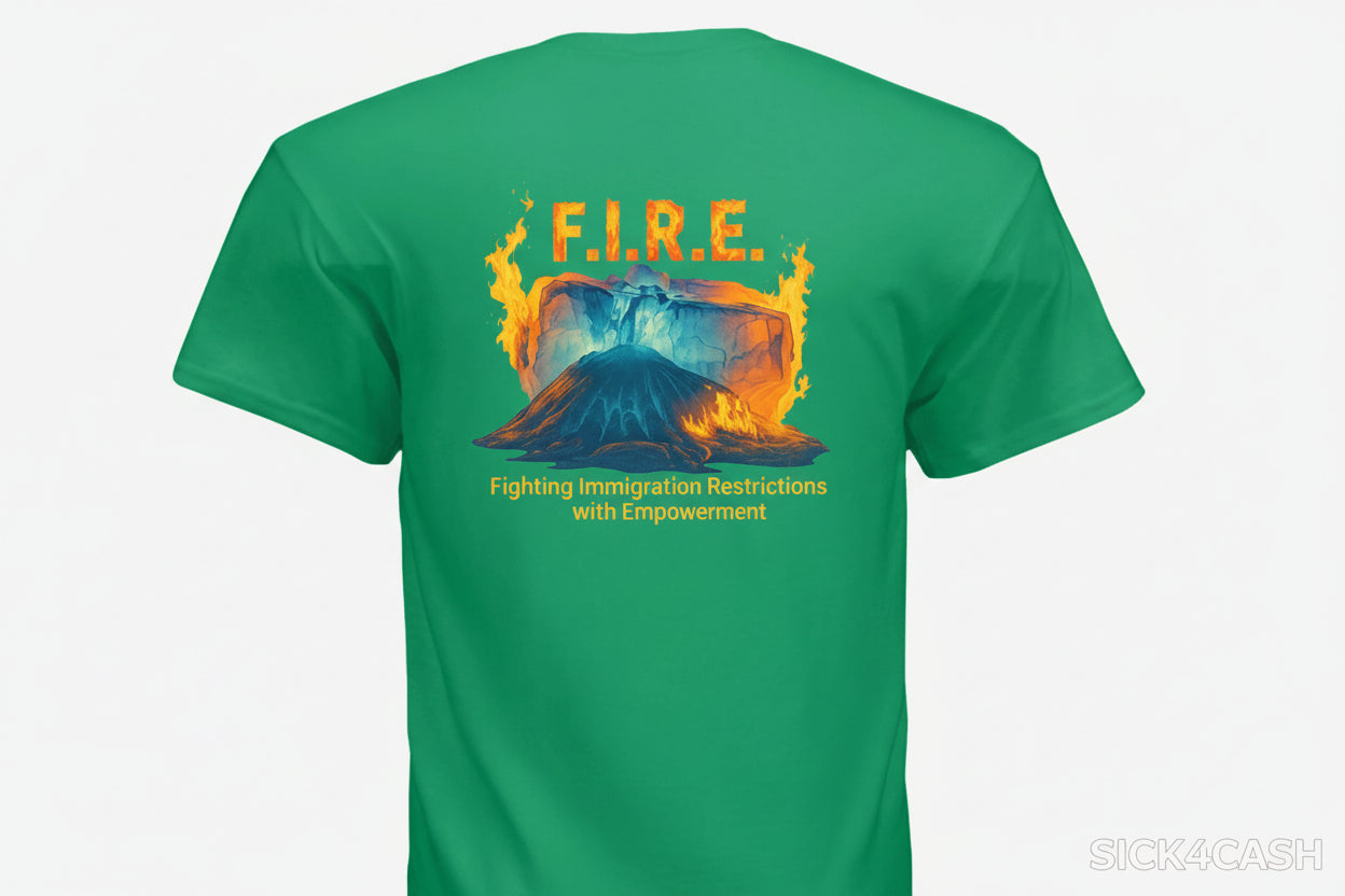 Green t-shirt with a graphic design and text on the back, displayed against a white background.