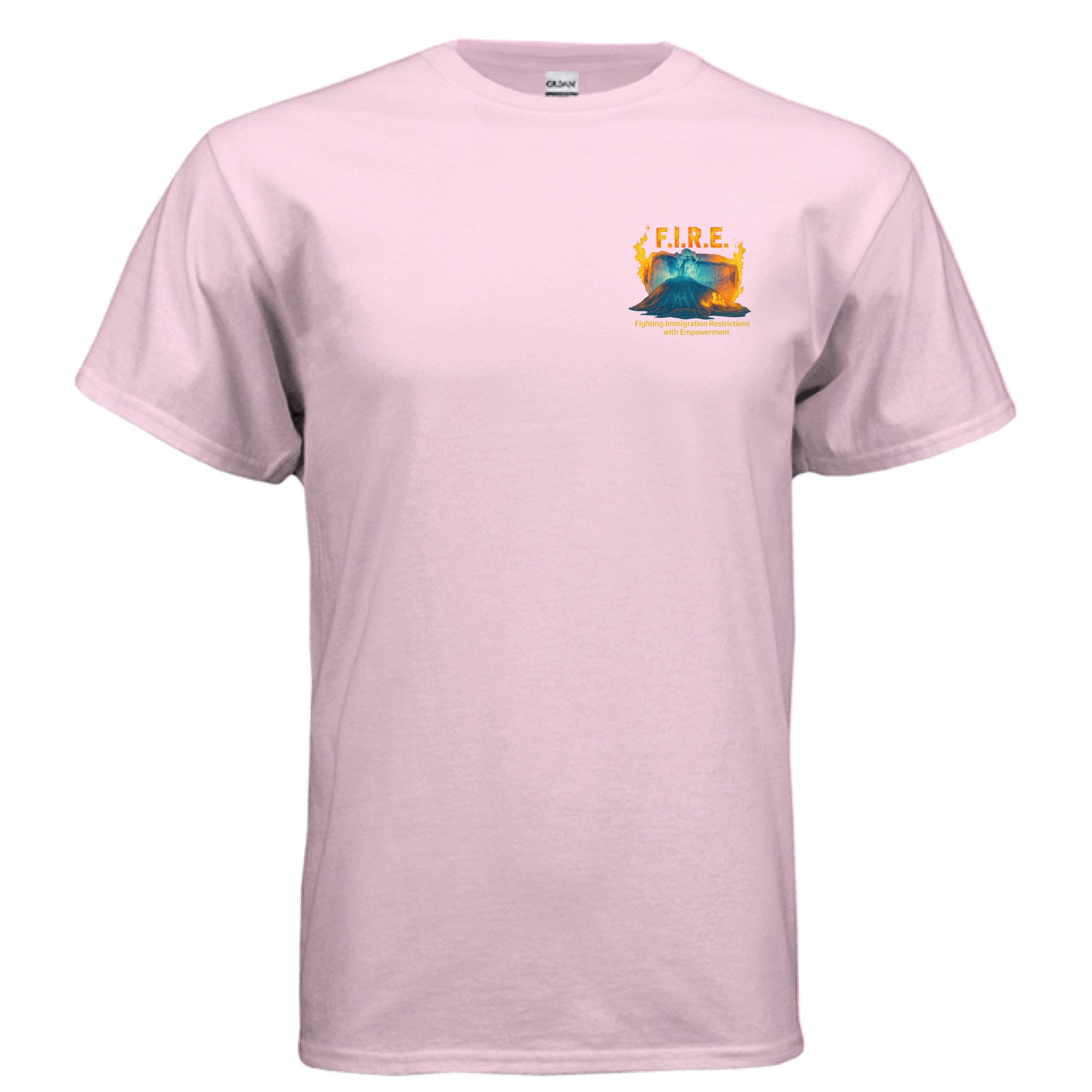 Pink t-shirt with a graphic design on a white background