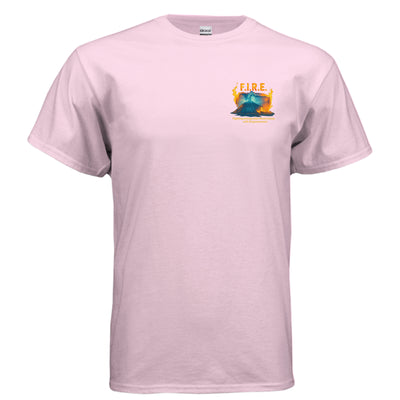 Pink t-shirt with a graphic design on a white background