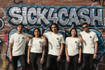 White t-shirt with a colorful graphic on a white background.