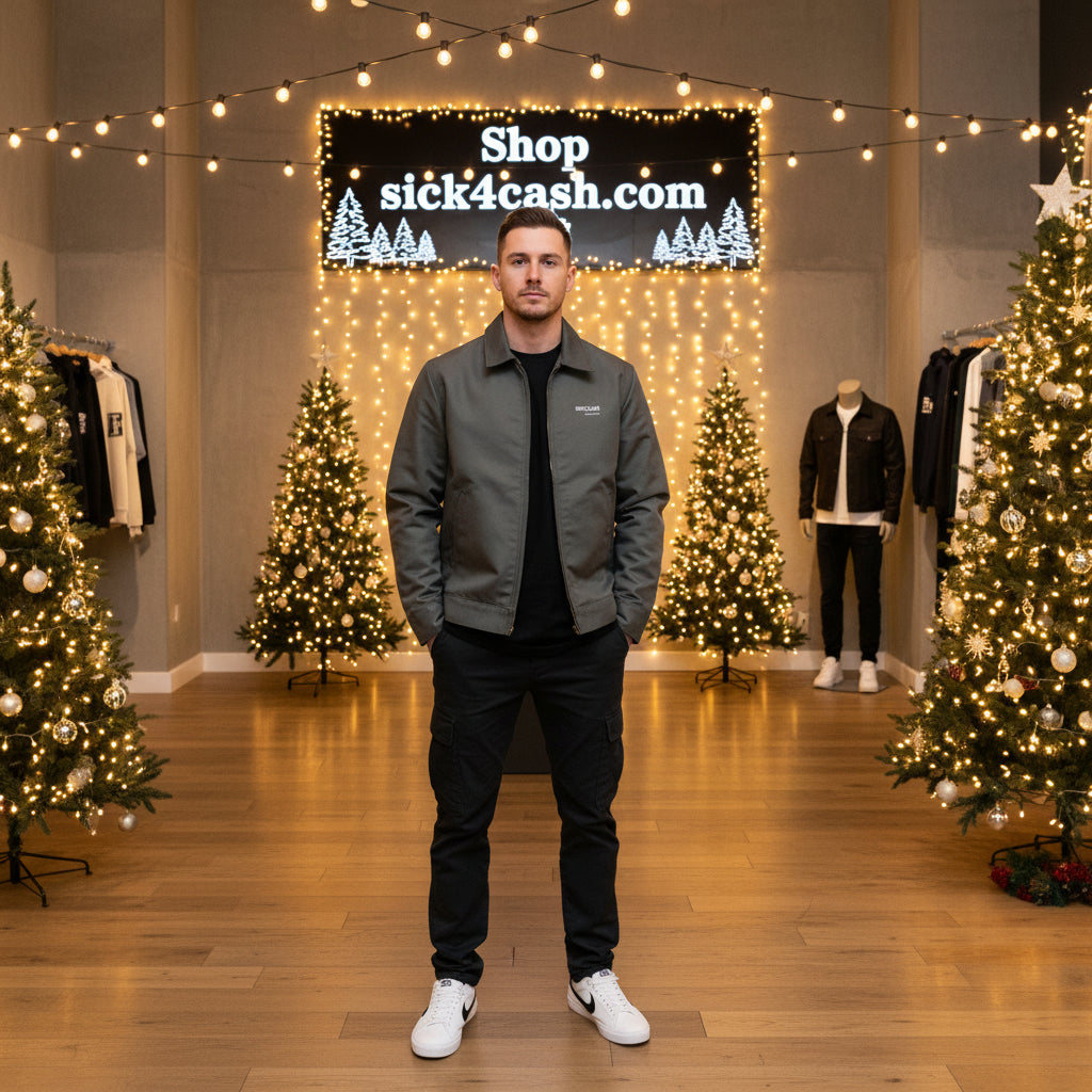 Gray jacket with sick 4 cash logo