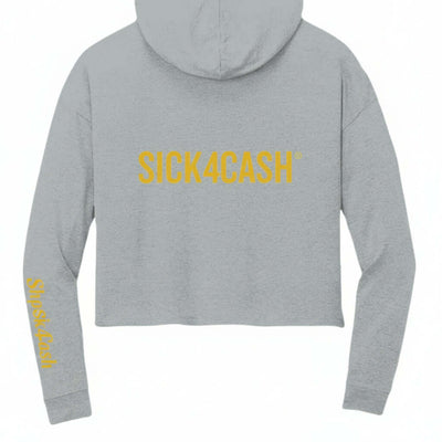 Gray hoodie with 'SICK4CASH' text on the back against a white background