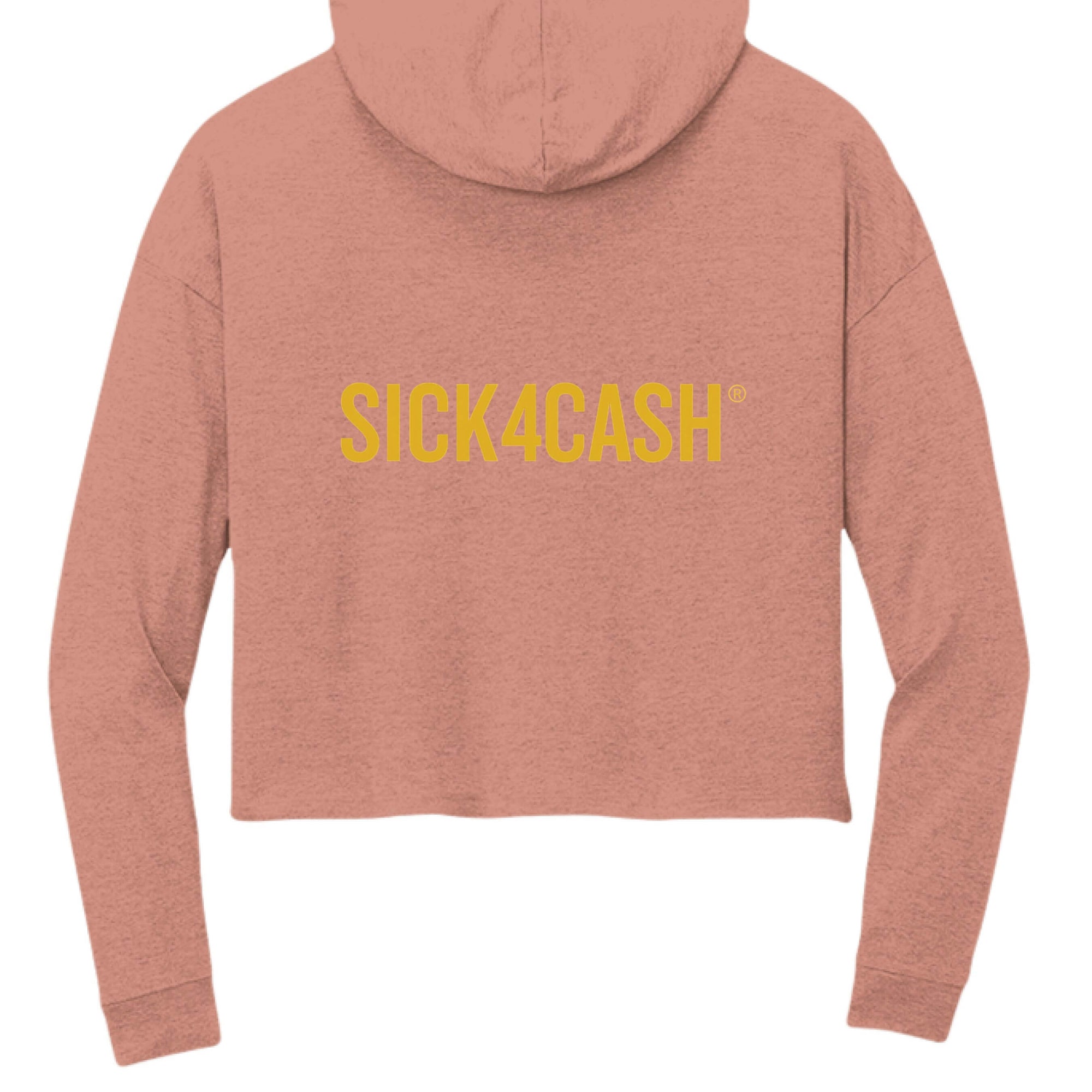Pink hoodie with 'SICK4CASH' text on the back against a white background