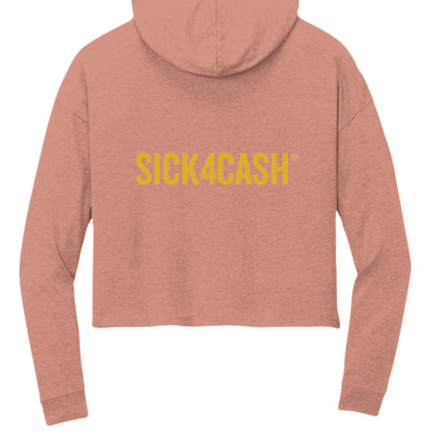 Pink hoodie with 'SICK4CASH' text on the back against a white background